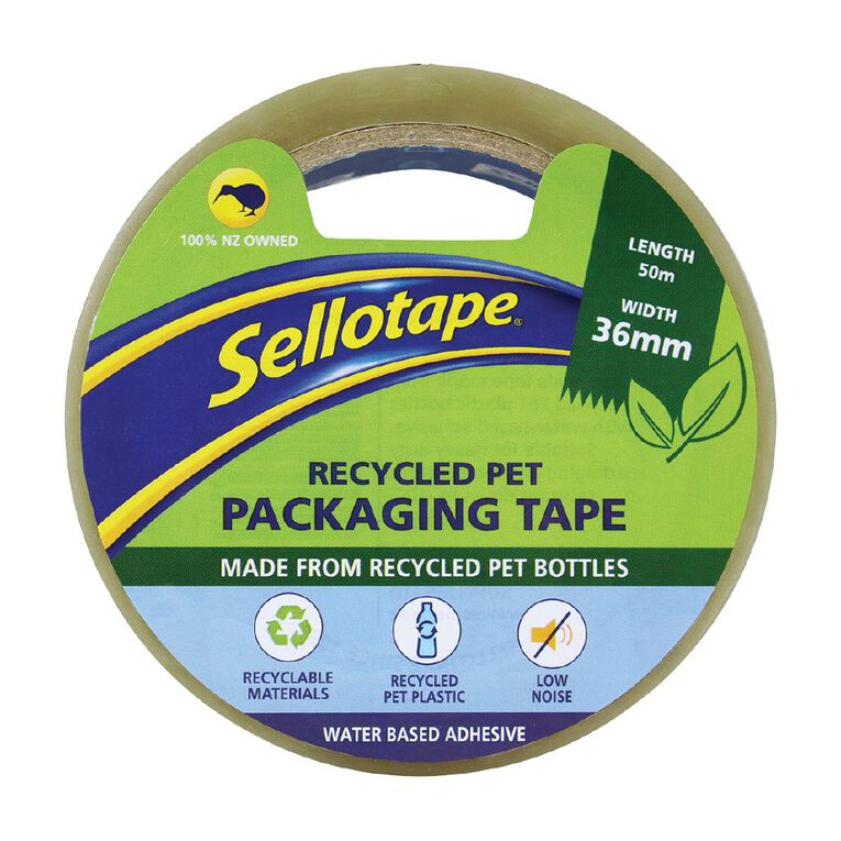 Sellotape Recycled PET Packaging Tape Low Noise 36mm x 50m, , hi-res