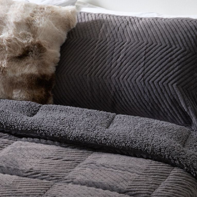Living & Co 2 Piece Comforter Set Faux Fur Grey King, , hi-res