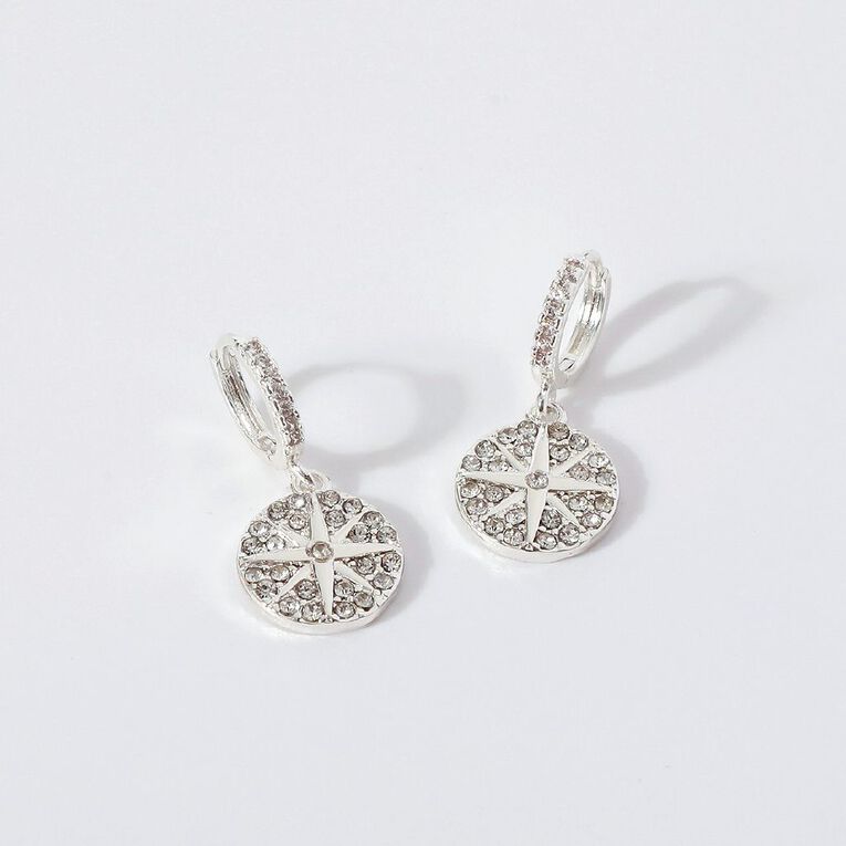 Diamante Disc Star Earrings Silver Plated, , hi-res
