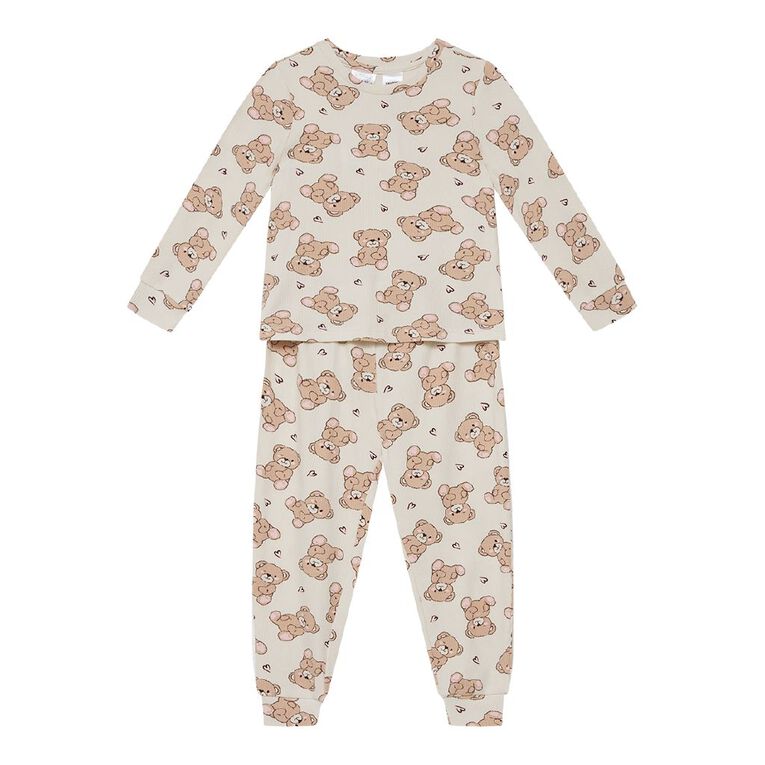H&H Girls' Waffle Long Sleeve Pyjama 2 Pack, White, hi-res