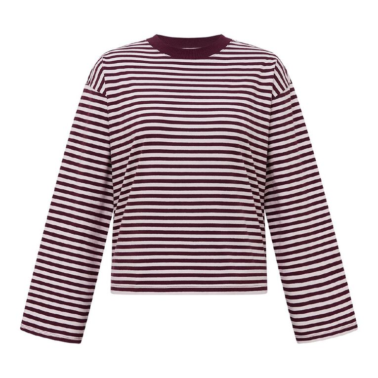 H&H Women's Long Sleeve Boxy Stripe Crew Neck Tee, Pink Light, hi-res