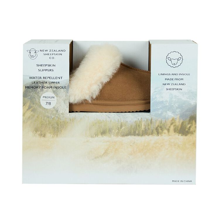 NEW ZEALAND SHEEPSKIN CO. Women's Sheepskin Lined Slipper Scuff BOX, Brown Light, hi-res