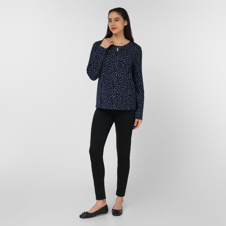 H&H Women's Long Sleeve Keyhole Print Top, Navy, hi-res
