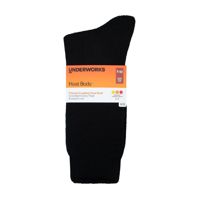 Underworks Men's Heat Bods Brushed Crew Socks 1 Pack, Black, hi-res
