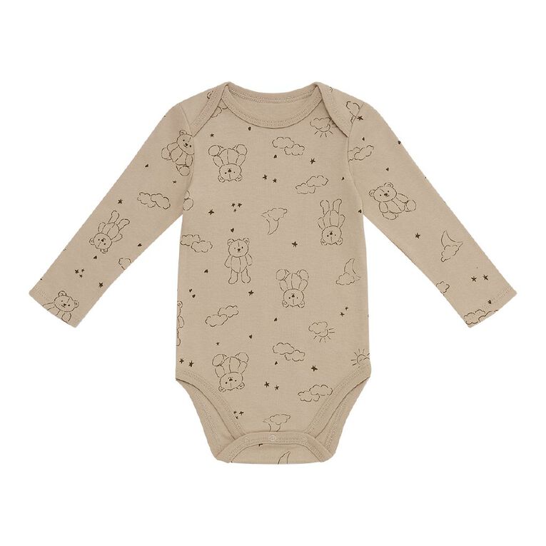 Young Original Babies' Long Sleeve Printed Bodysuit 3 Pack, Cream TEDDY, hi-res