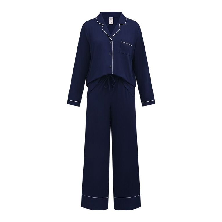 H&H Women's Comfy Button Up Pyjama Set, Blue Dark, hi-res
