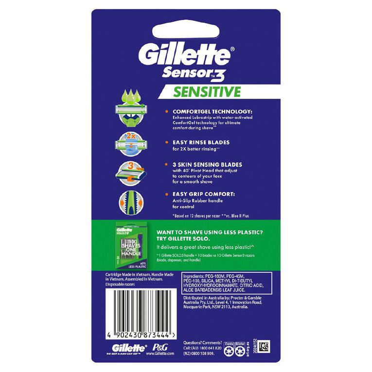 Gillette Sensor 3 Sensitive Disposable Razor 4 Pack, , hi-res