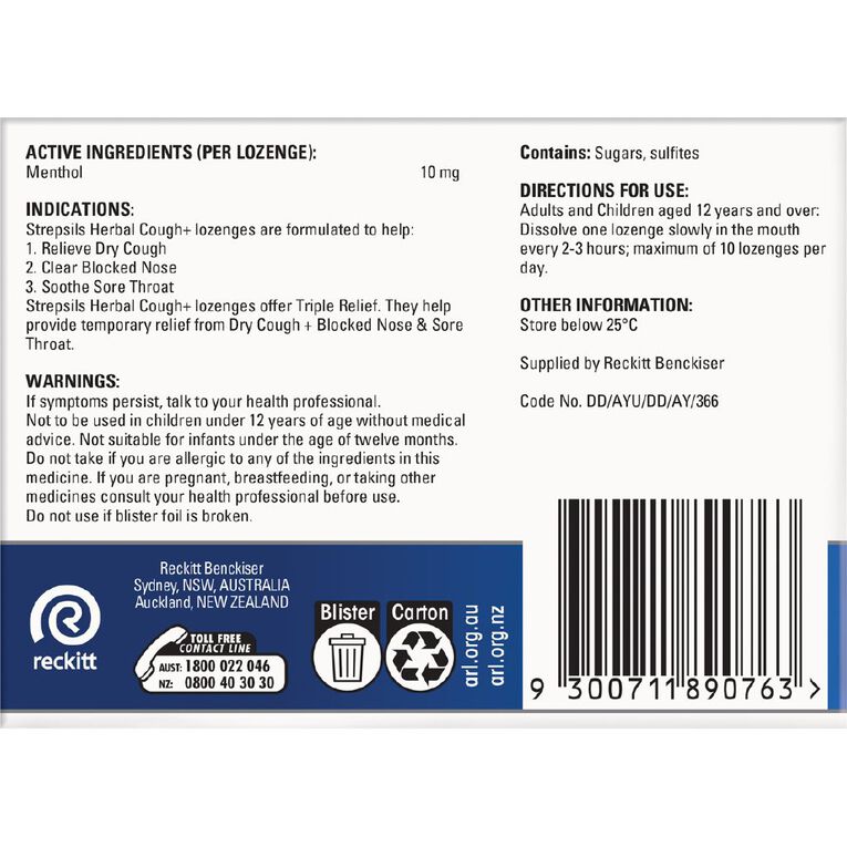 Strepsils Herbal Cough Fresh Menthol Lozenges 16 Pack, , hi-res