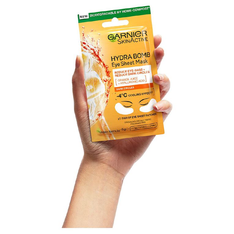 Garnier Hydra Bomb Orange Juice & Hyaluronic Acid Eye Tissue Mask, , hi-res