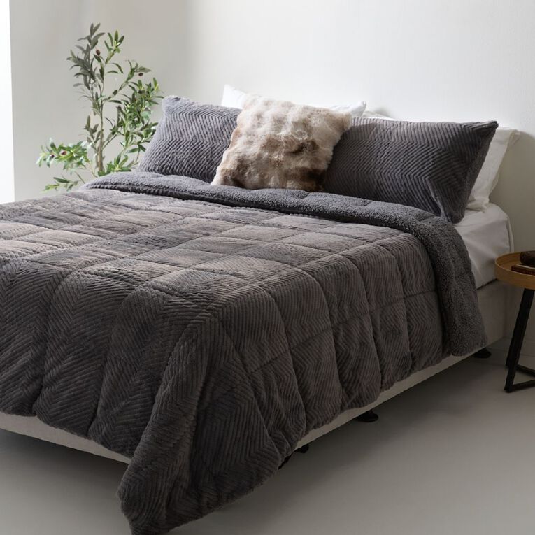 Living & Co 2 Piece Comforter Set Faux Fur Grey King, , hi-res
