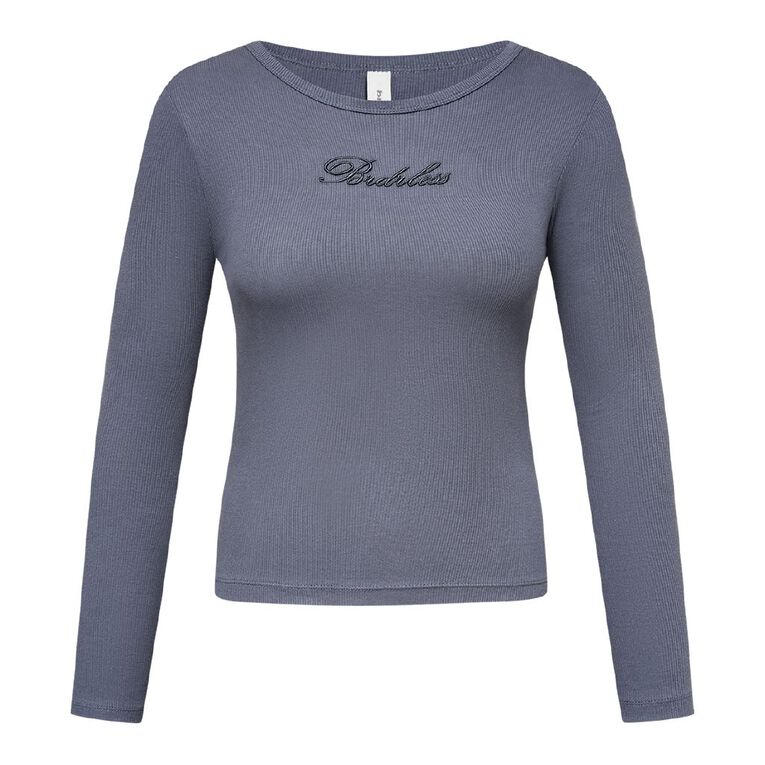 BRDRLESS Long Sleeve Fitted Rib Graphic Top, Blue Dark, hi-res