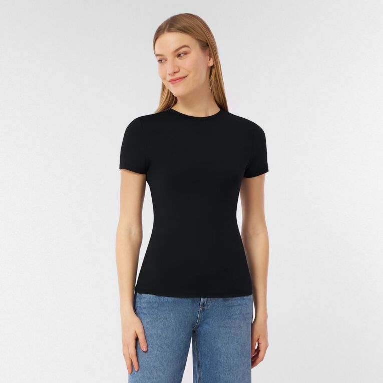 H&H Women's Longline Contour Crew Top, Black, hi-res