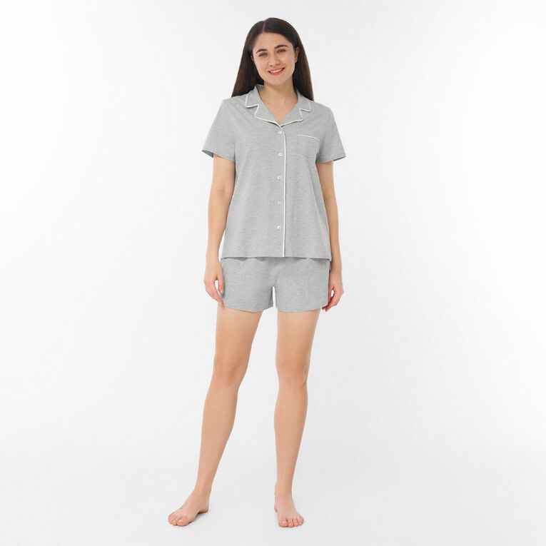 H&H Women's Button Up Short Sleeve Pyjama Set, Grey Mid, hi-res