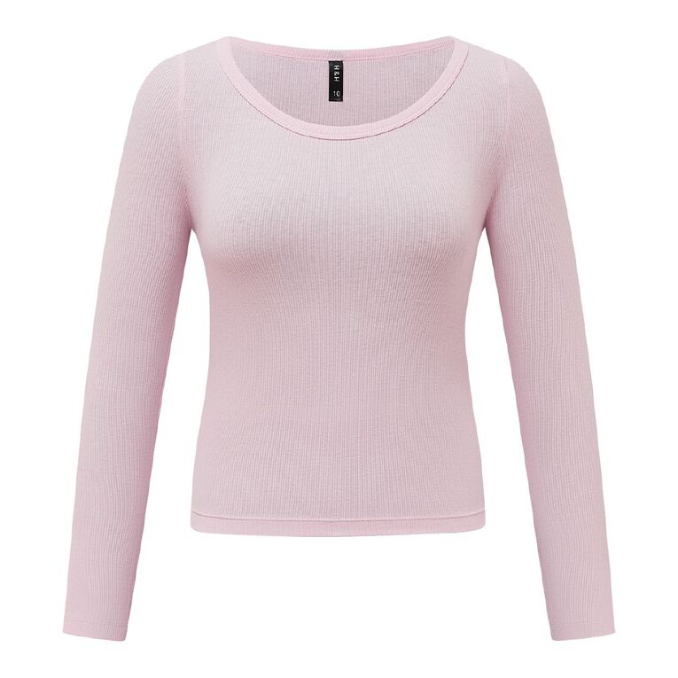 H&H Women's Long Sleeve Scoop Neck Rib Top, Pink Light, hi-res