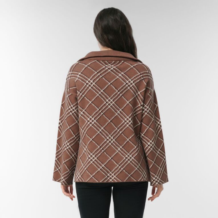 H&H Women's 1/4 Zip Jaquard Knit Jumper, Brown Light, hi-res