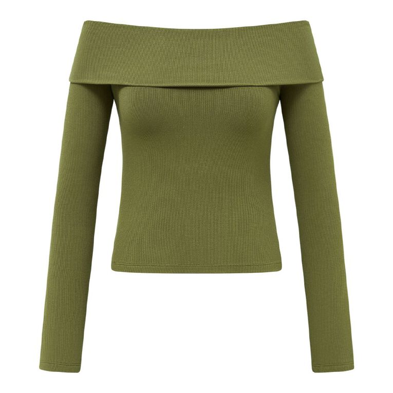 H&H Women's Long Sleeve Rib Bardot, Green Mid, hi-res