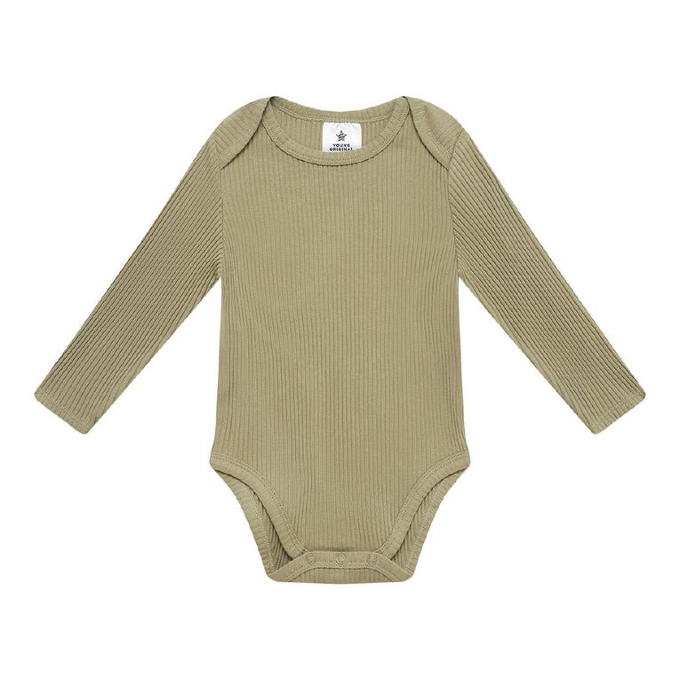 Young Original Babies' Long Sleeve Rib Bodysuit 3 Pack, Green Dark, hi-res