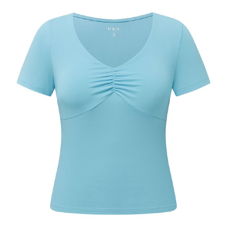 H&H Women's Short Sleeve Contour Print Scoop Neck Top, Blue Mid, hi-res