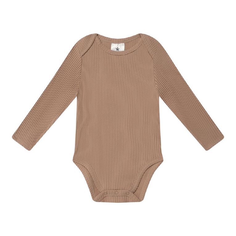 Young Original Babies' Long Sleeve Rib Bodysuit 3 Pack, Brown Dark, hi-res