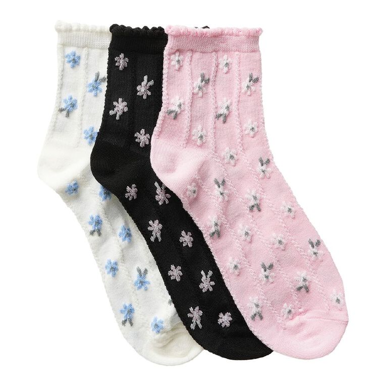 H&H Women's Textured Floral Half Crew Socks 3 Pack, Pink, hi-res