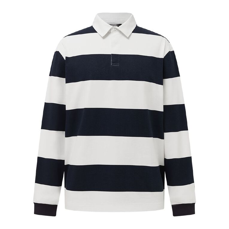 H&H Men's Stripe Rugby Polo, Navy/White, hi-res