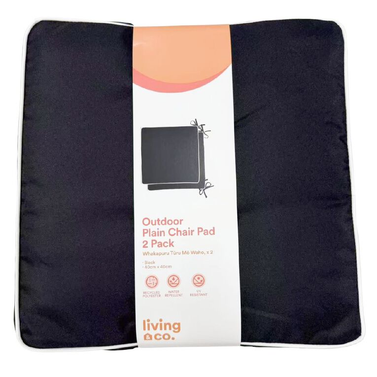 Living & Co Outdoor Cushion Chair Pad 2 Pack Plain Black, , hi-res