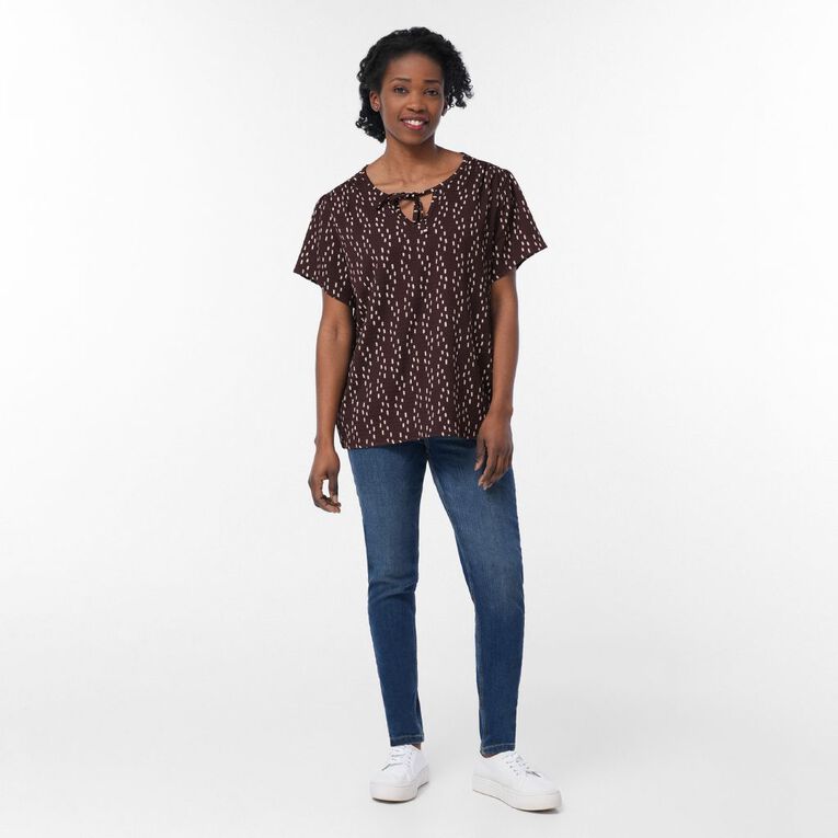 H&H Women's Short Sleeve V Neck Flutter Top, Brown Dark, hi-res