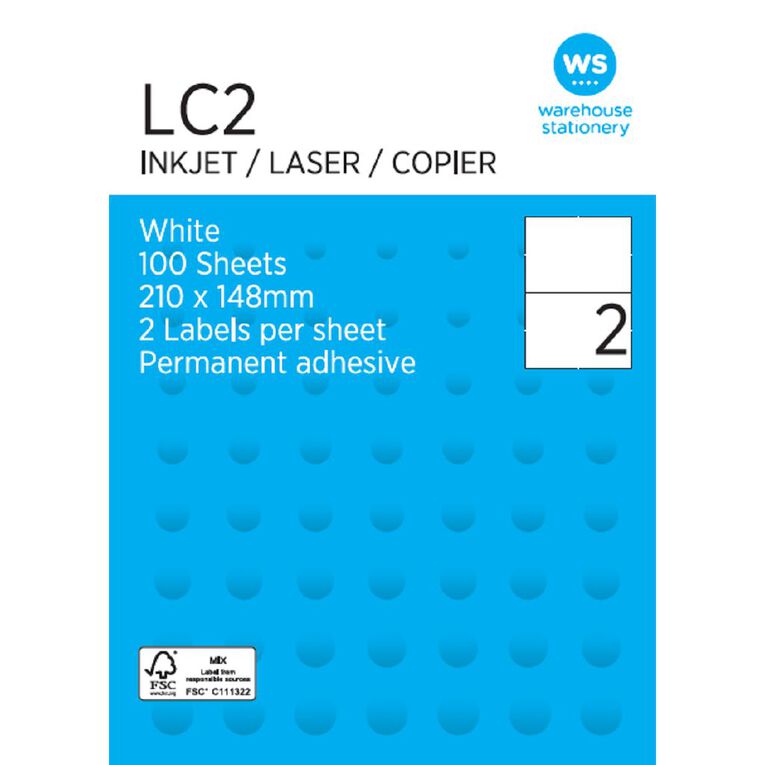 WS Labels 100 Sheets A4  2 x 210 x 147mm, , hi-res