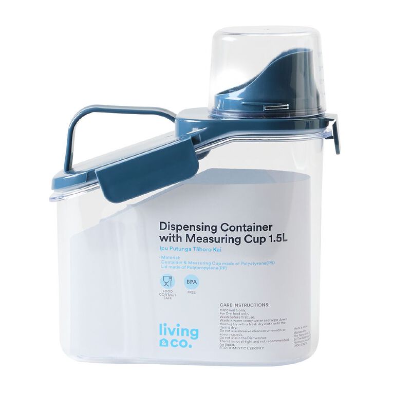 Living & Co Dispensing Container with Measuring Cup Clear 1.5L, , hi-res