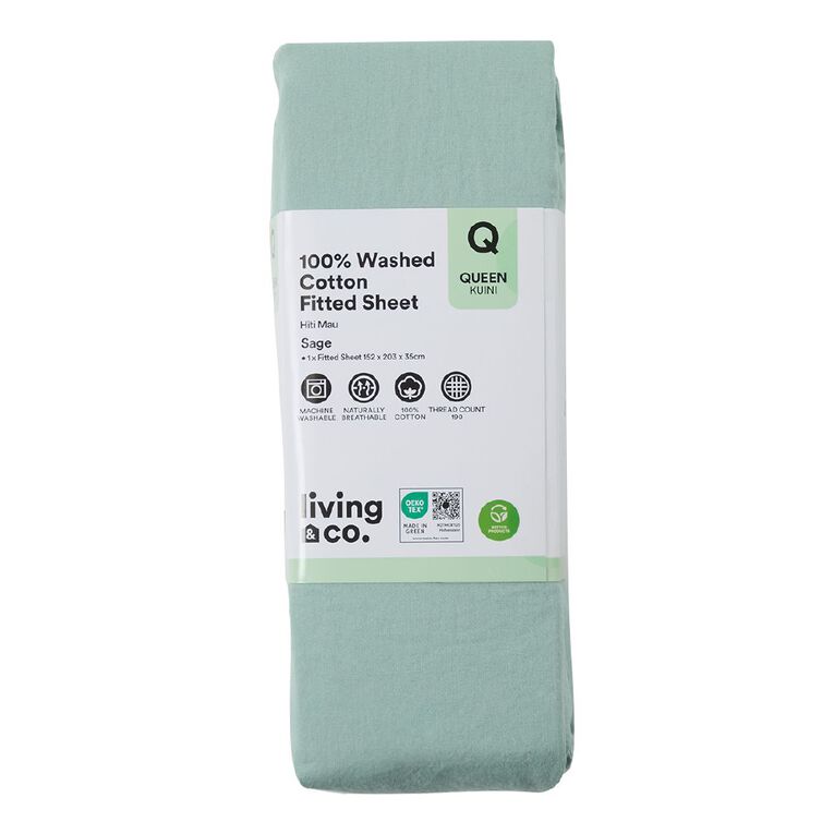 Living & Co 100% Washed Cotton Fitted Sheet Sage Queen, , hi-res