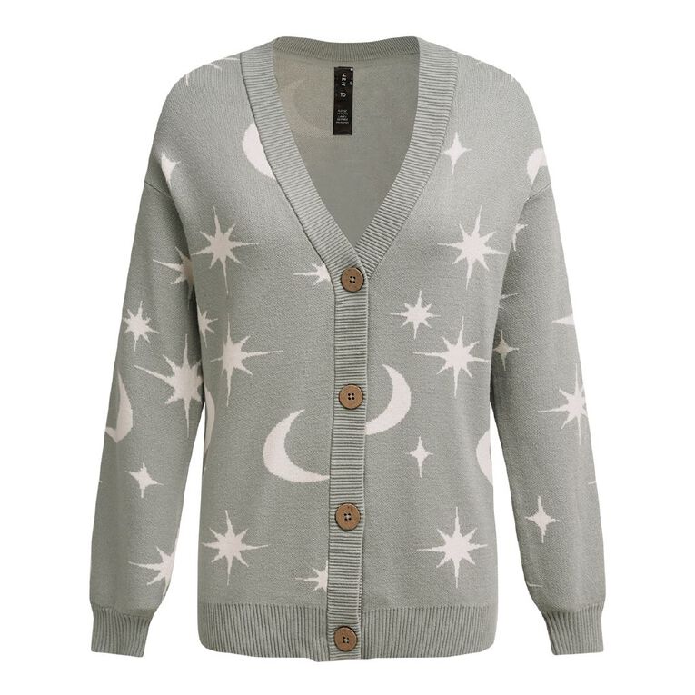 H&H Women's Star Jacquard Cardigan, Green Mid, hi-res