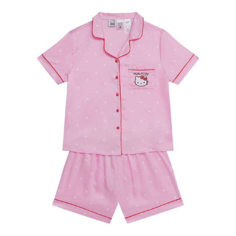 Hello Kitty Girls' Satin Short Sleeve Button Up Pyjama Set, Pink Light, hi-res