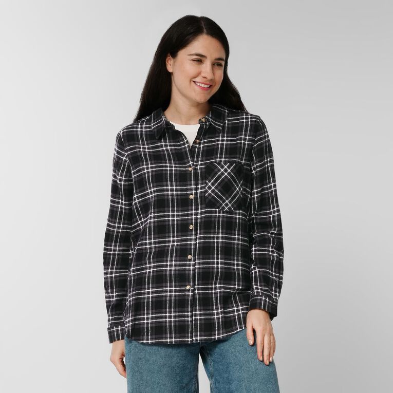 H&H Women's Long Sleeve Flannel Check Shirt, Black/Grey, hi-res