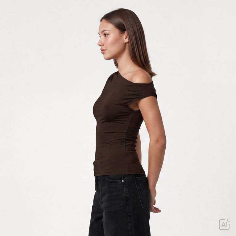 Garage Women's Contour Off Shoulder Ruched Top, Brown Dark, hi-res