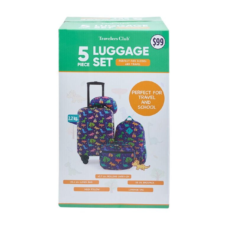Travelers Club 5 Piece Luggage Set Dinosaur Blue, , hi-res