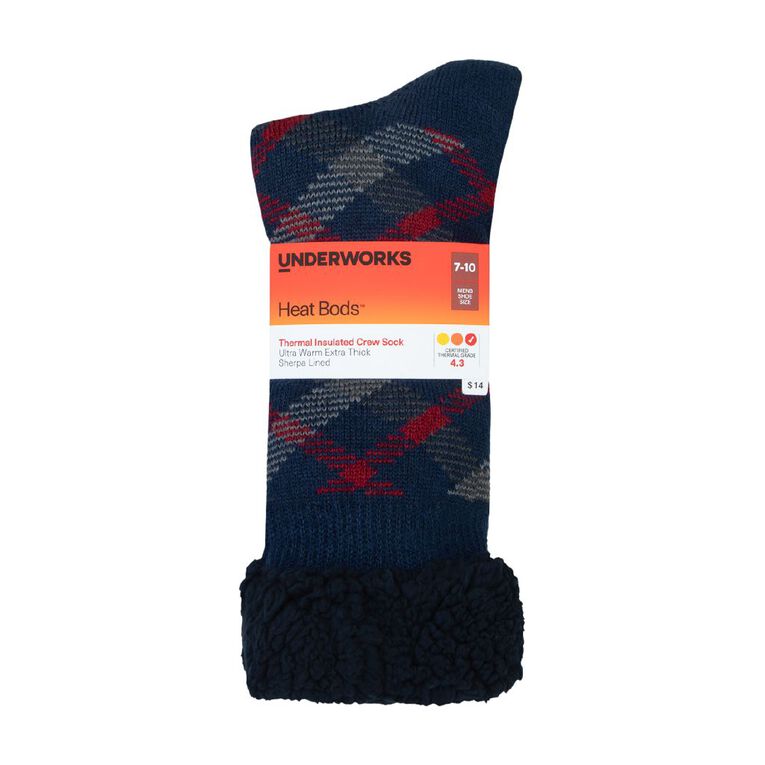 Underworks Men's Heat Bods Sherpa Crew Socks 1 Pack, Navy, hi-res