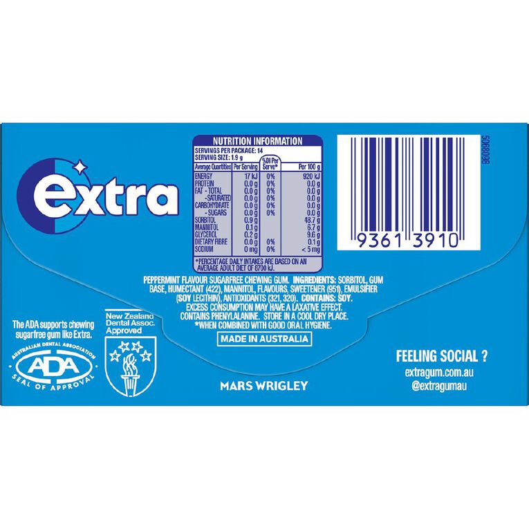 Extra Peppermint Chewing Gum Sugar Free 14 Piece 27g, , hi-res