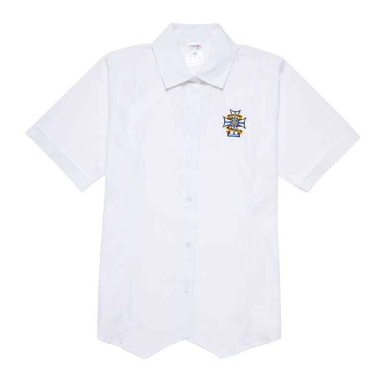 Schooltex Marcellin College Senior Short Sleeve Blouse New Embroidery, White, hi-res