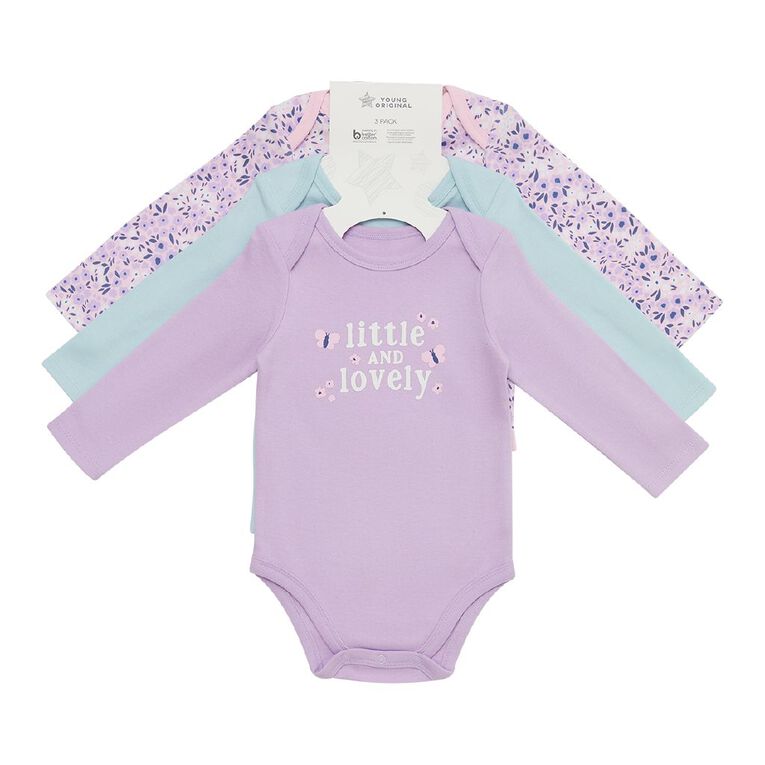 Young Original Babys' Long Sleeve Printed Bodysuit 3 Pack, Purple Light LOVELY, hi-res
