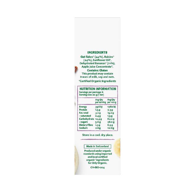 Only Organic Banana & Raisin Oat Bars 1+ Years 20gx6, , hi-res