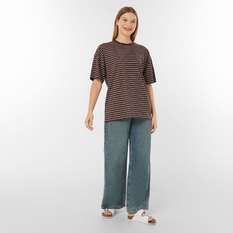 H&H Women's Oversized Boyfriend Stripe Tee, Brown Dark, hi-res