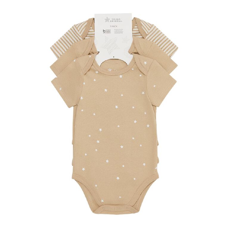 Young Original Babys' Short Sleeve Printed Bodysuit 3 Pack, Brown Mid STARS, hi-res