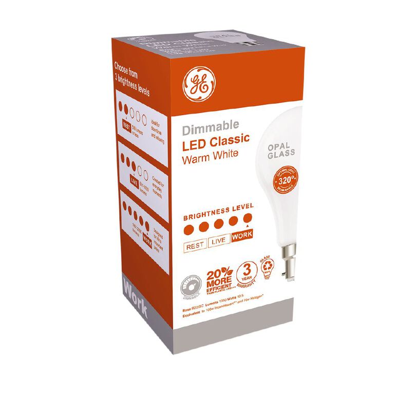 General Electric B22 LED Dimmable Classic 10.5W Warm White Light Bulb, , hi-res