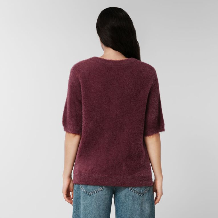H&H Women's Short Sleeve Fluffy Knit Jumper, Red Dark, hi-res