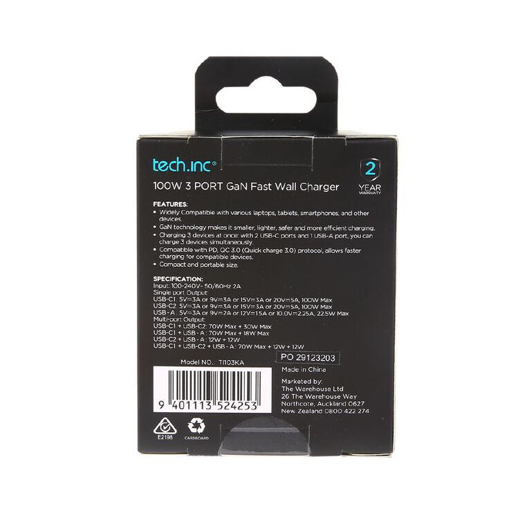 Tech.Inc 100W Gan 3 Port USB with Charger, , hi-res