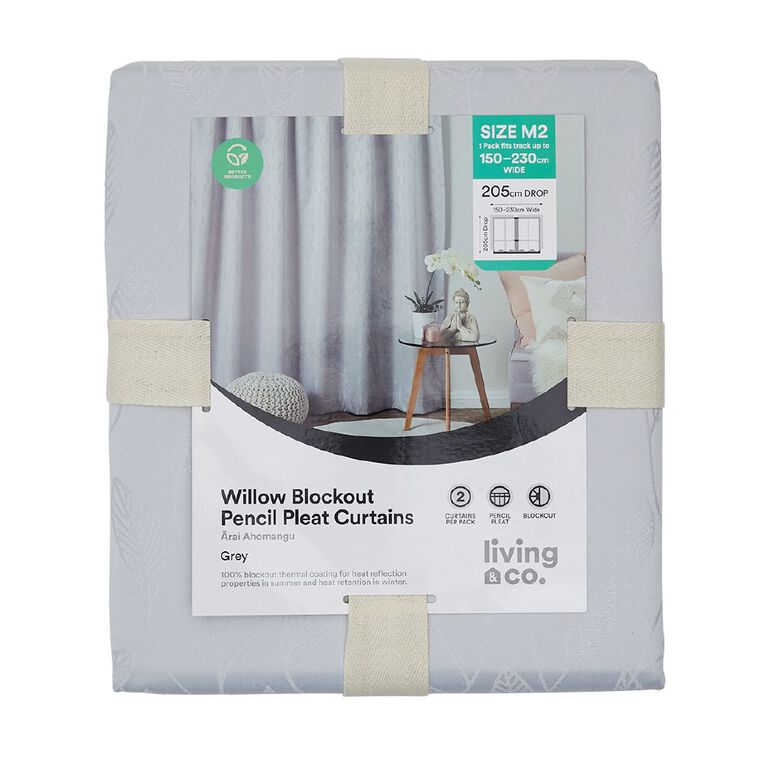 Living & Co Willow Curtains Grey 150-230cm Wide/205cm Drop, Grey, hi-res
