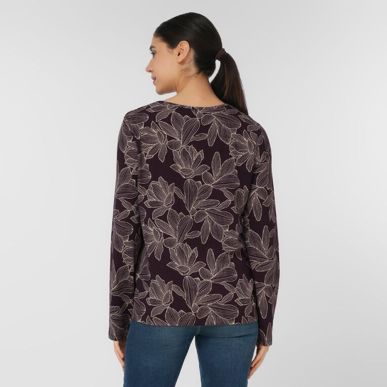 H&H Women's Long Sleeve Keyhole Print Top, Purple Dark, hi-res