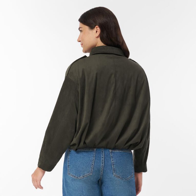 H&H Women's Suede Pleated Bomber Jacket, Green Dark, hi-res