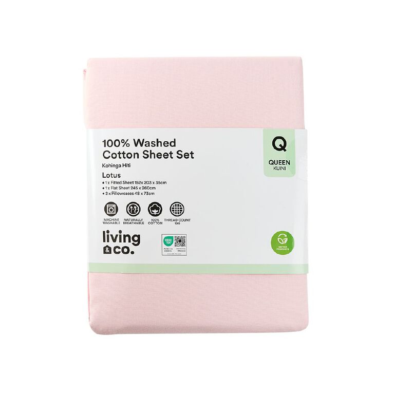 Living & Co 100% Washed Cotton Sheet Set Pink Queen, , hi-res