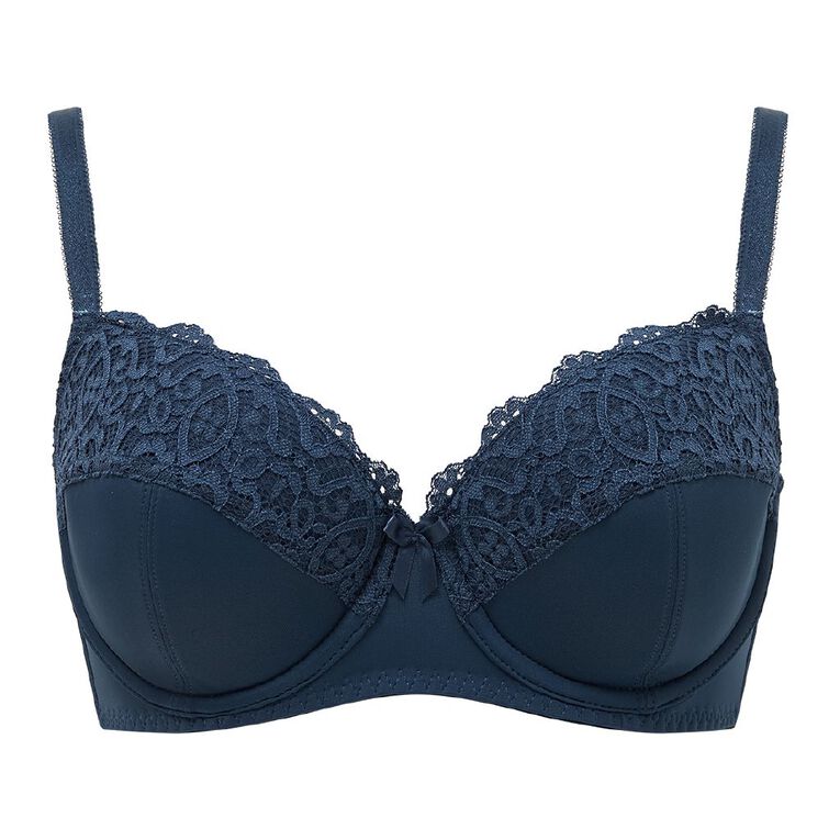 H&H Women's Bella Plain & Lace Contour Bra, Blue Dark, hi-res